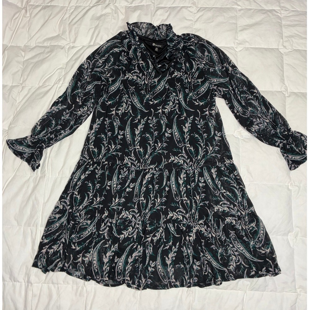 Versona Womens XS Paisley Tiered Mini Dress Black Teal Ruffle Neck Long Sleeve